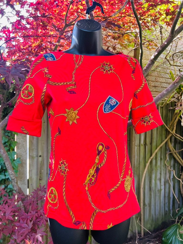Lauren Ralph Lauren Red Equestrian Print Top - Size PS / UK 8-10