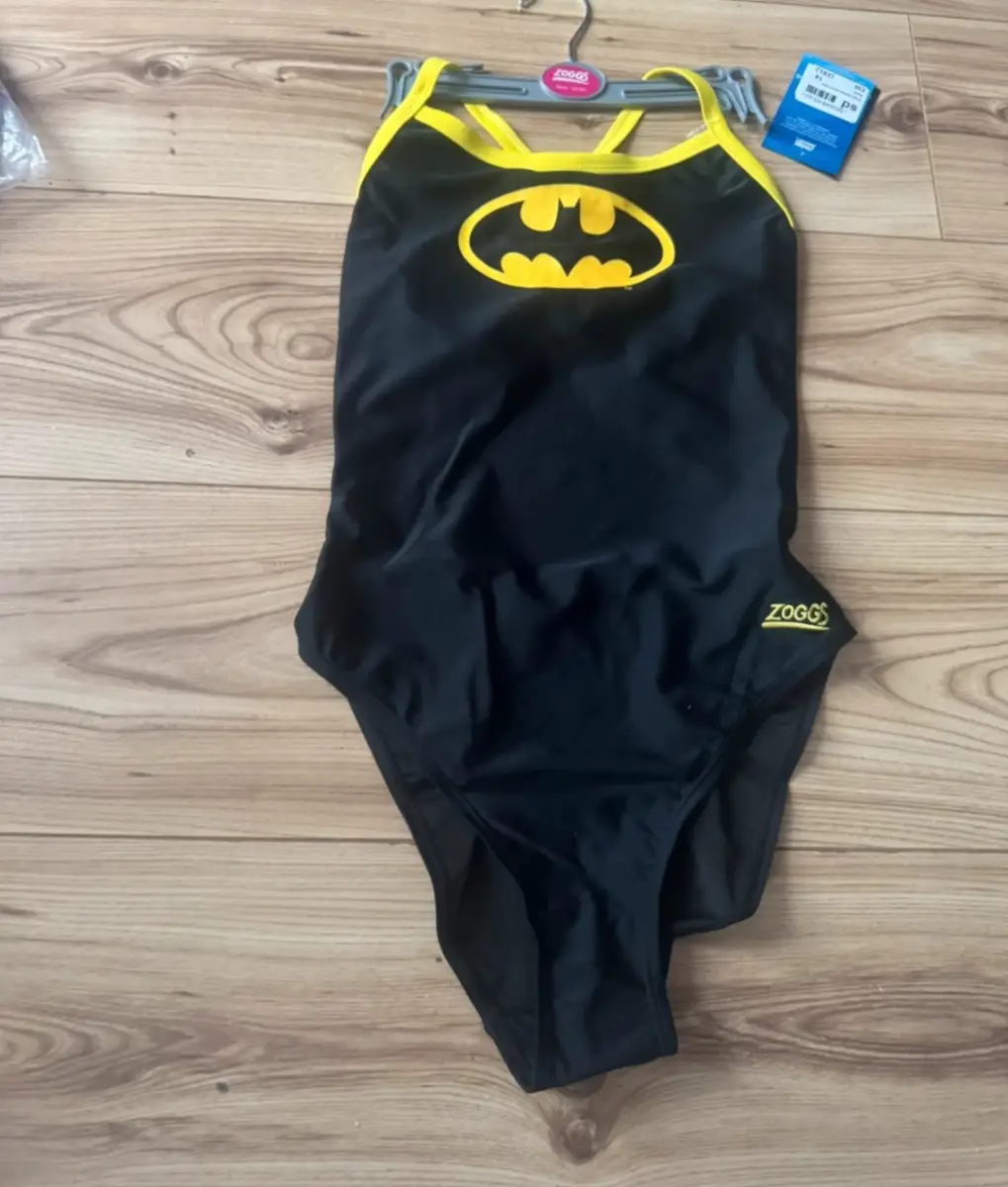 Womens zoggs one piece swim suit size 14 more of a 8 new black and yellow batman prinr