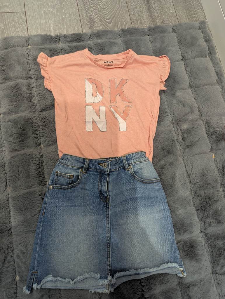 DKNY top and denim shorts