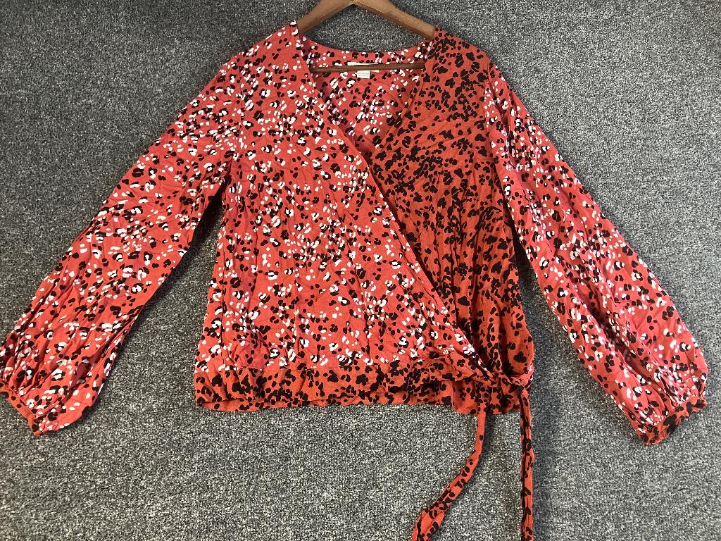 Monsoon Rust Leopard Print Wrap Blouse UK 10 Long Sleeve Tie Waist