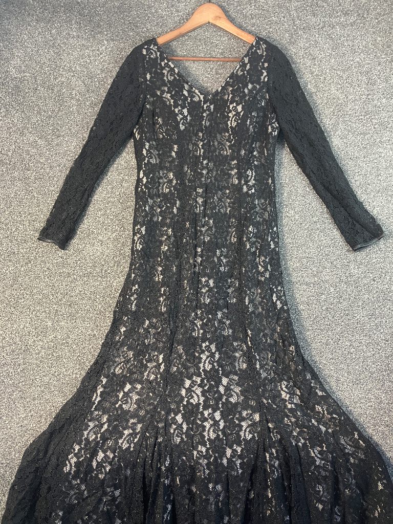 Jacques Vert Black Lace Maxi Dress UK 12 Long Sleeve Occasion Wedding