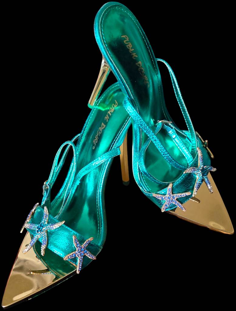 BNIB Public Desire Ladies Women's Starfish Turquoise & Gold Metallic Heels - Size7
