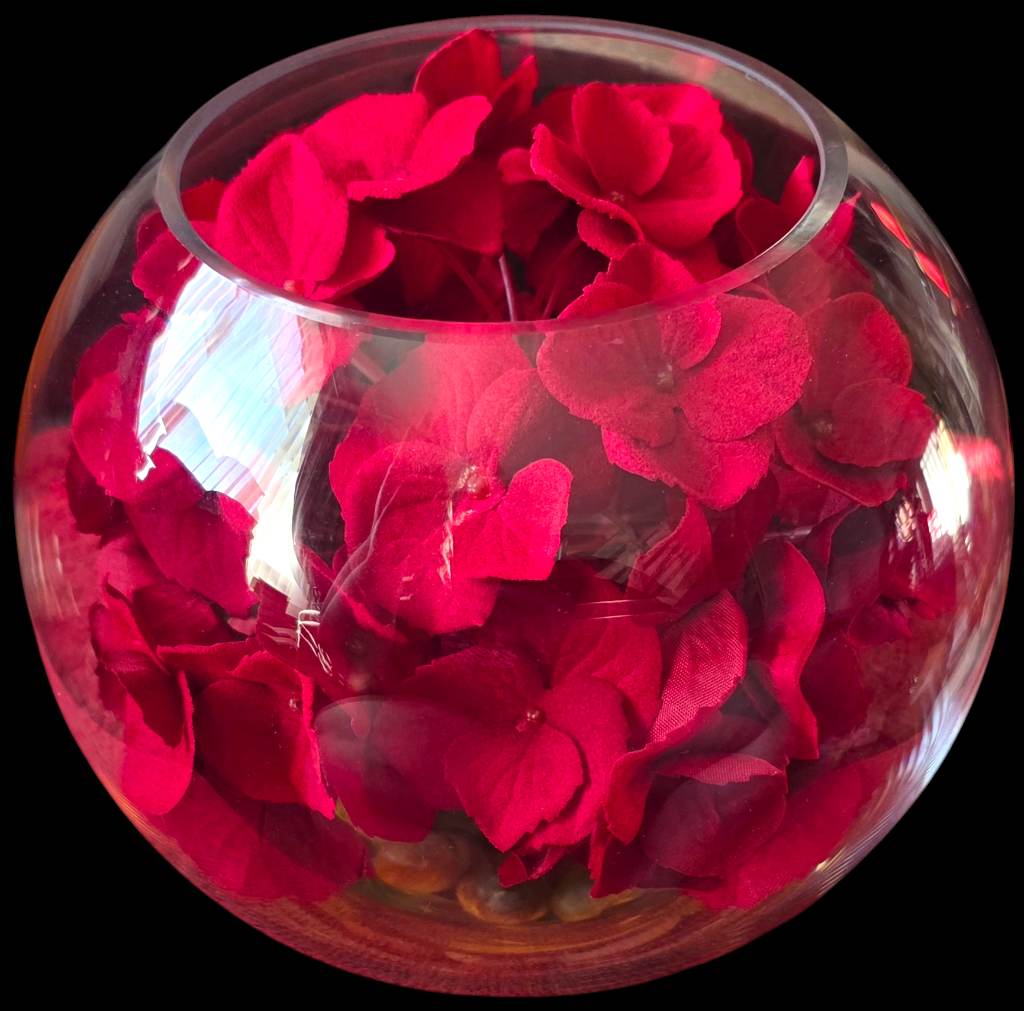 Round Glass Bowl with Red Faux Flowers And Glue Stone Base