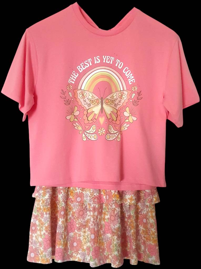 BNWT George Girls Pink Butterfly T-Shirt & Floral Skirt Outfit - Size 12-13 Yrs