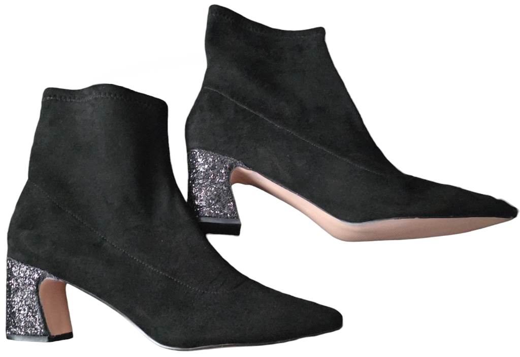 NWT George Ladies Women's Black Faux Suede & Glitter Heel Pointed Boots - Size 9