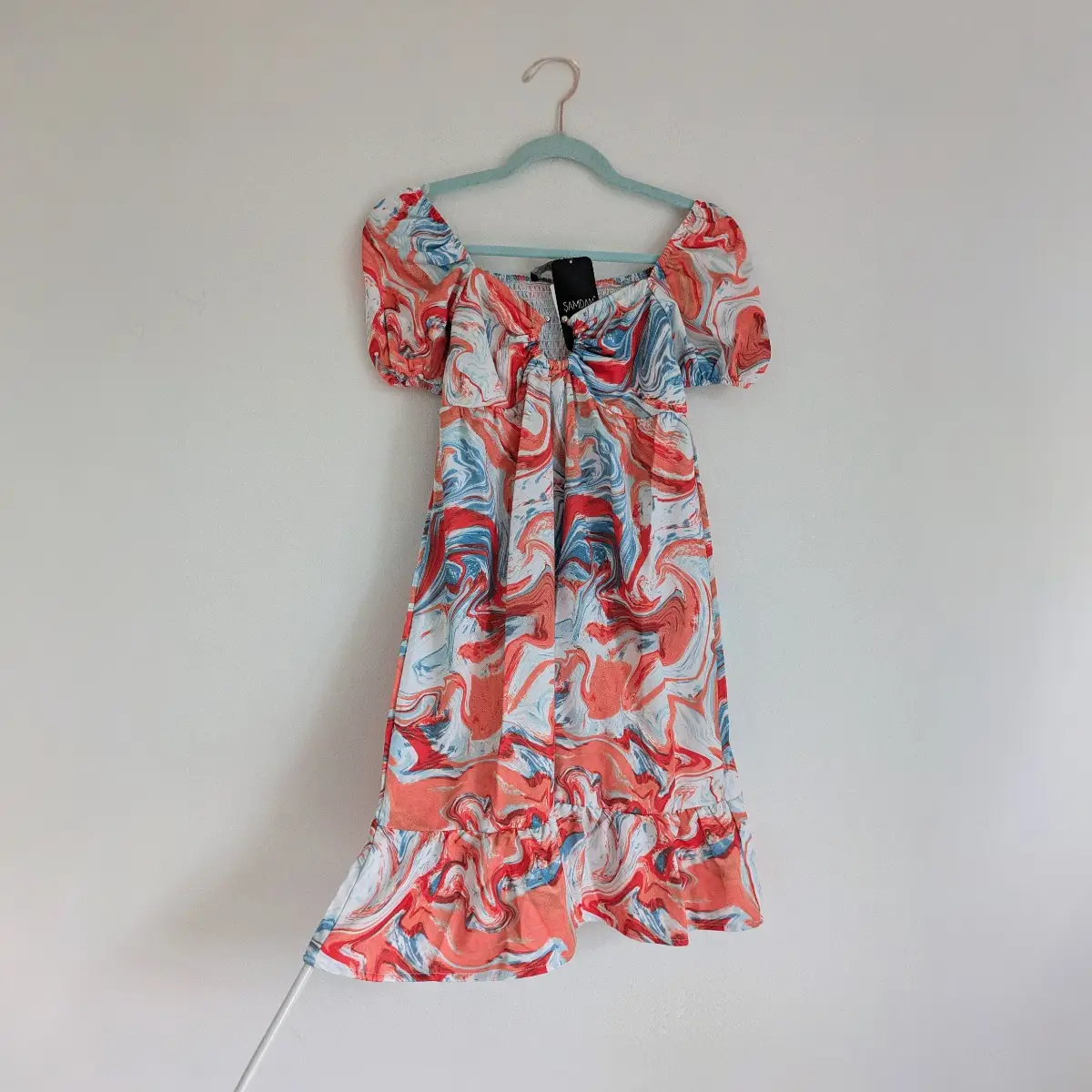 Puff sleeve smocked high waist dress with cut out bust and silver ring hardware UKS NWT