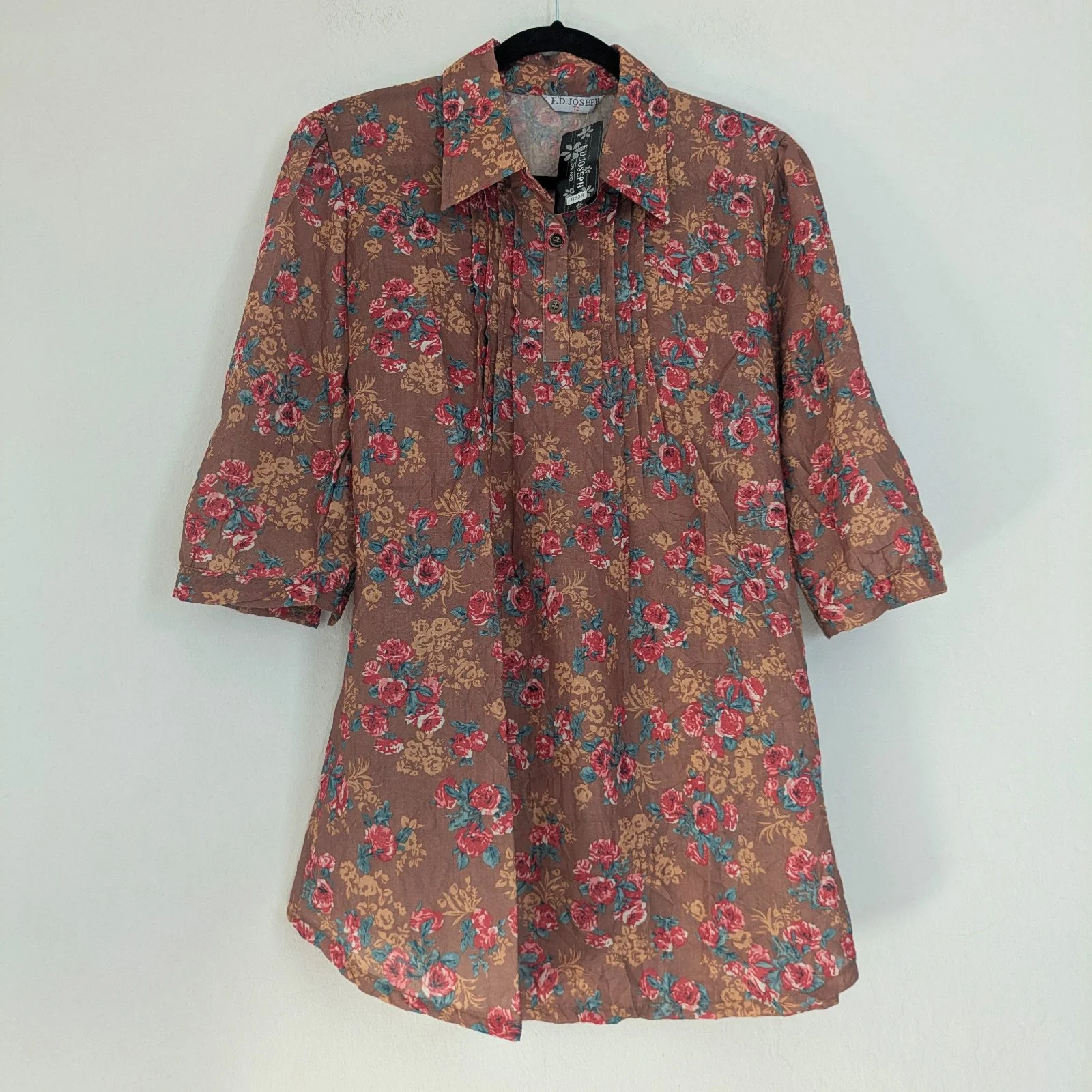 Cotton blend floral ditsy lightweight collared button up summer tunic with waist ties New