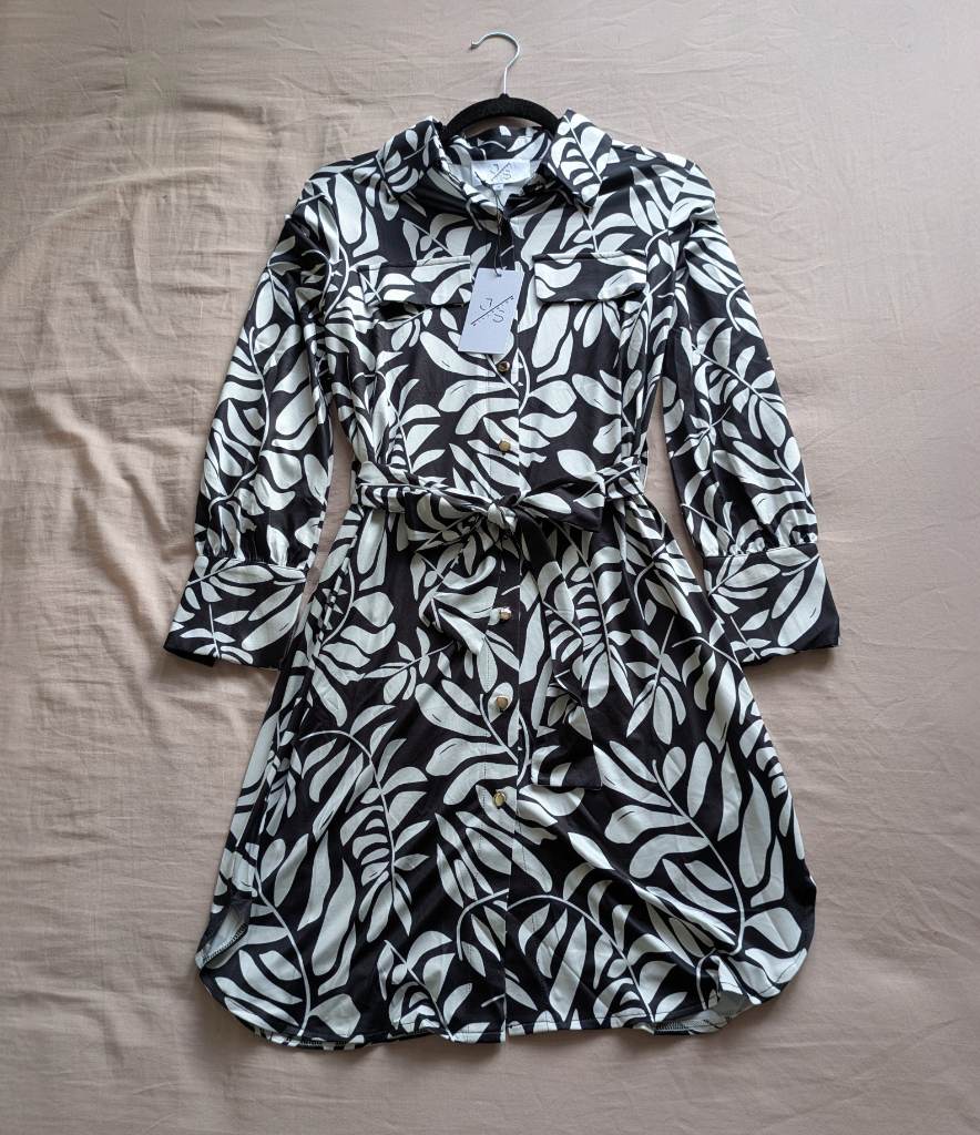 Belted shirt dress with flattering dip hemline in black and white leaf print UKS NWT