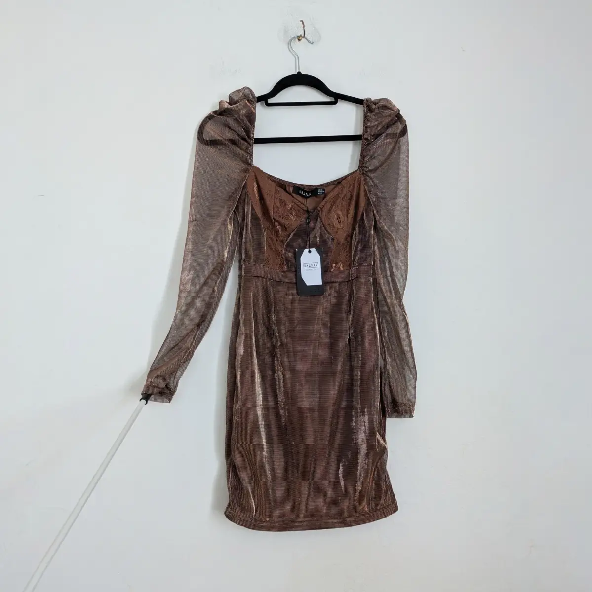 Copper bronze iredescent going out NaaNaa dress with structured lace bust and long mesh sleeves UK8