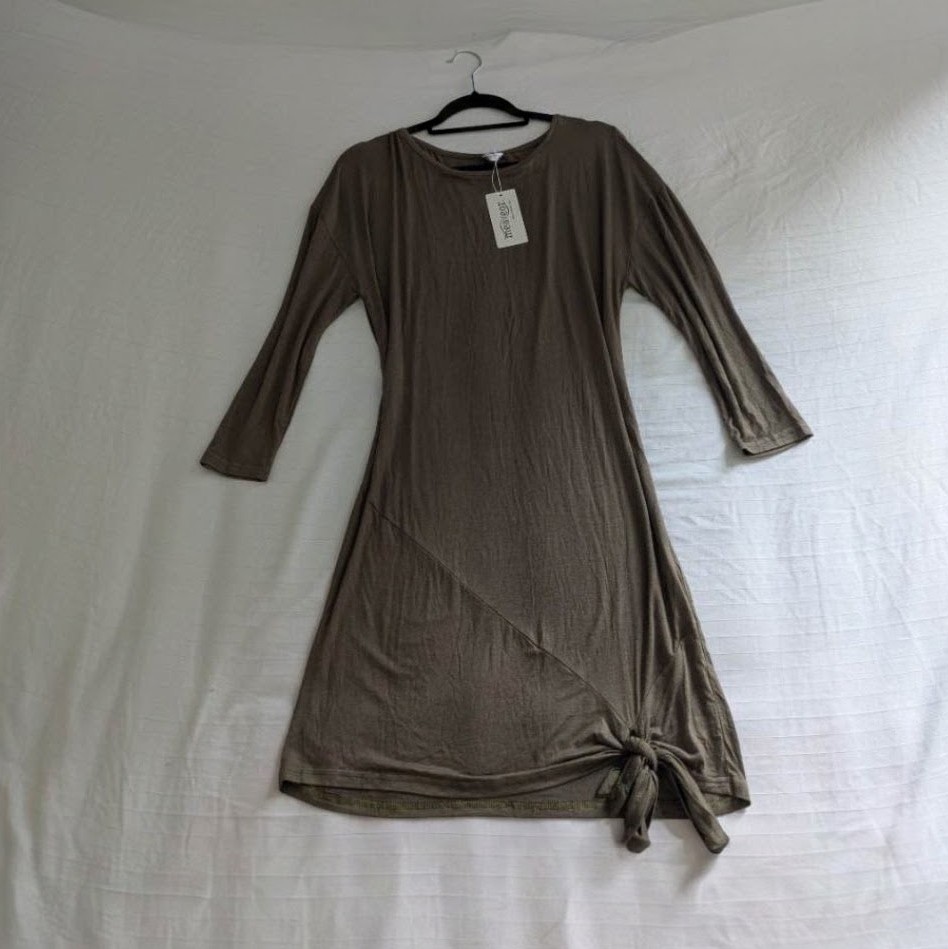 Khaki brown minimalist dress with knot at the left side on the hem UKM New NWT