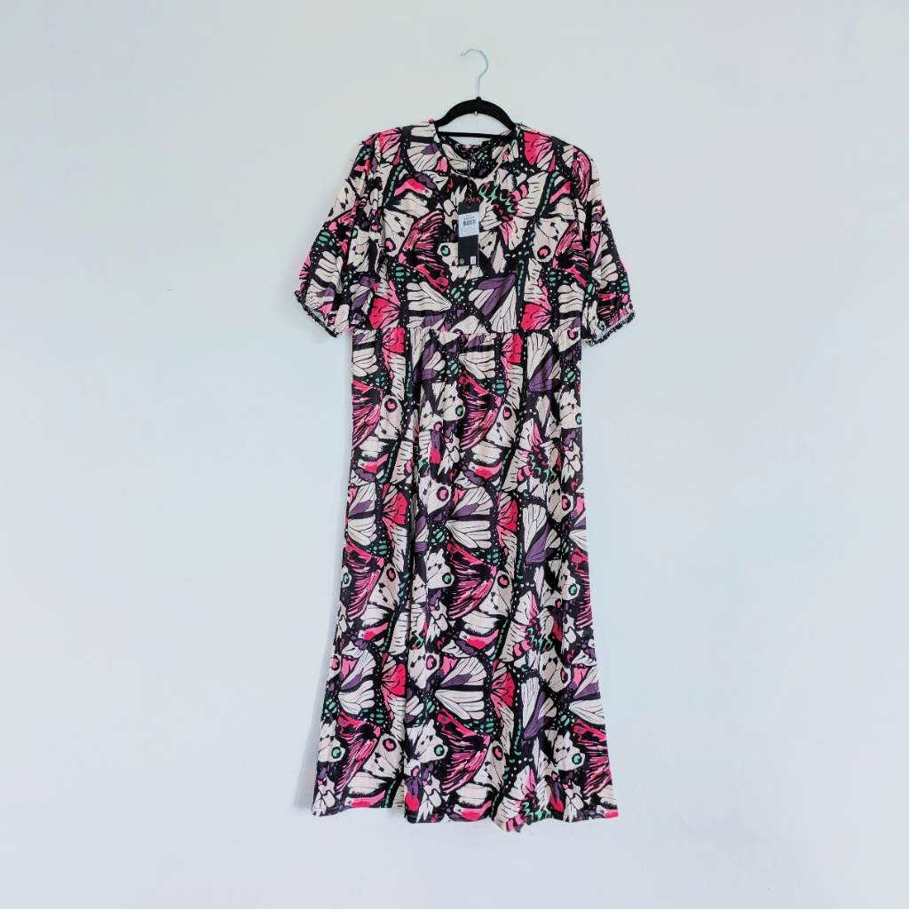 Butterfly print colourful high waist UK made long dress with short sleeves UK10 New