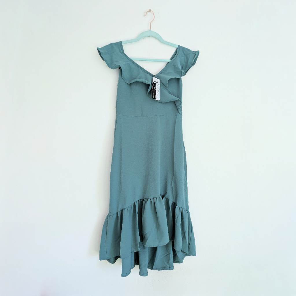 Ruffle high waist teal tulip summer dress with asymmetrical high-low dip hem UK10