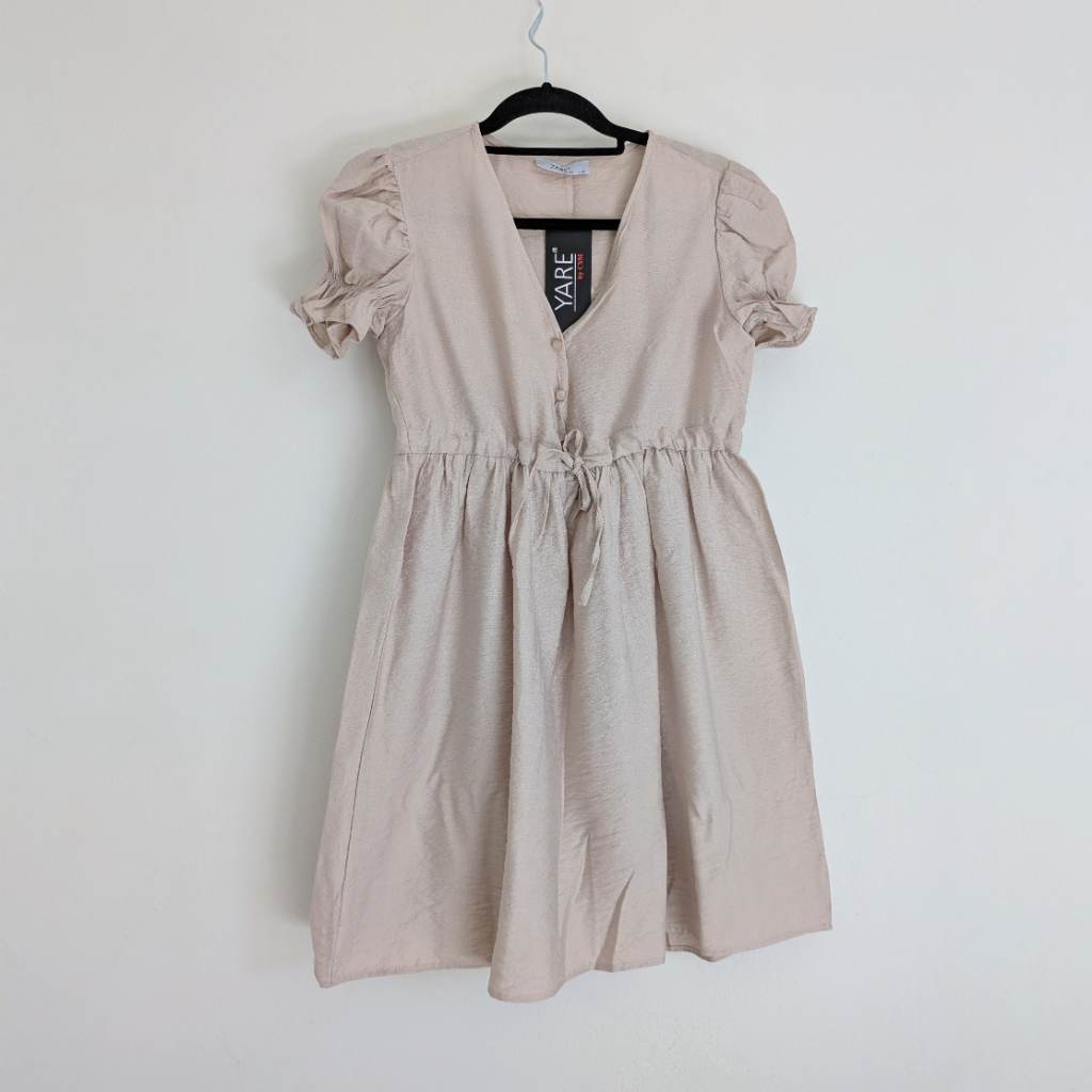 Minimalist beige puff sleeve summer dress with VNeck and drawstring waist UKS New
