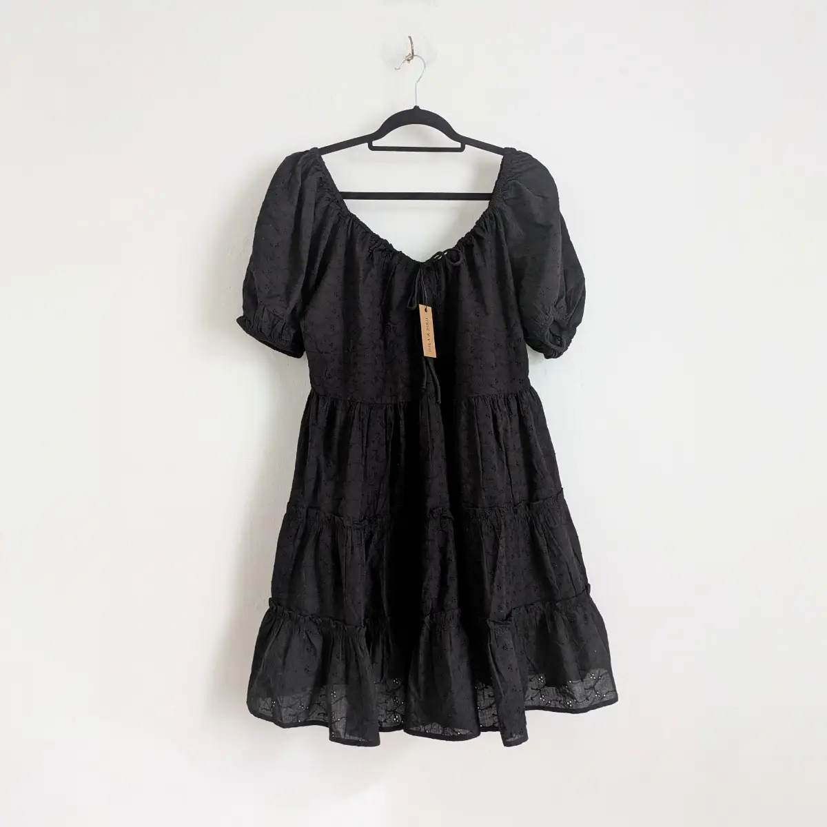 Black embroidered Gothic broderie anglaise summer VNeck dress with balloon sleeves UK10 New