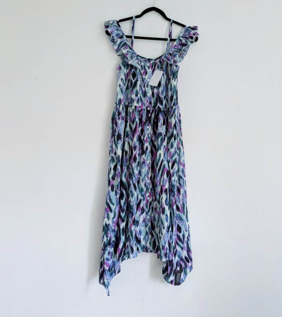 Colourful button down ruffle off shoulder flared maxi or midaxi dress UK12 NWT
