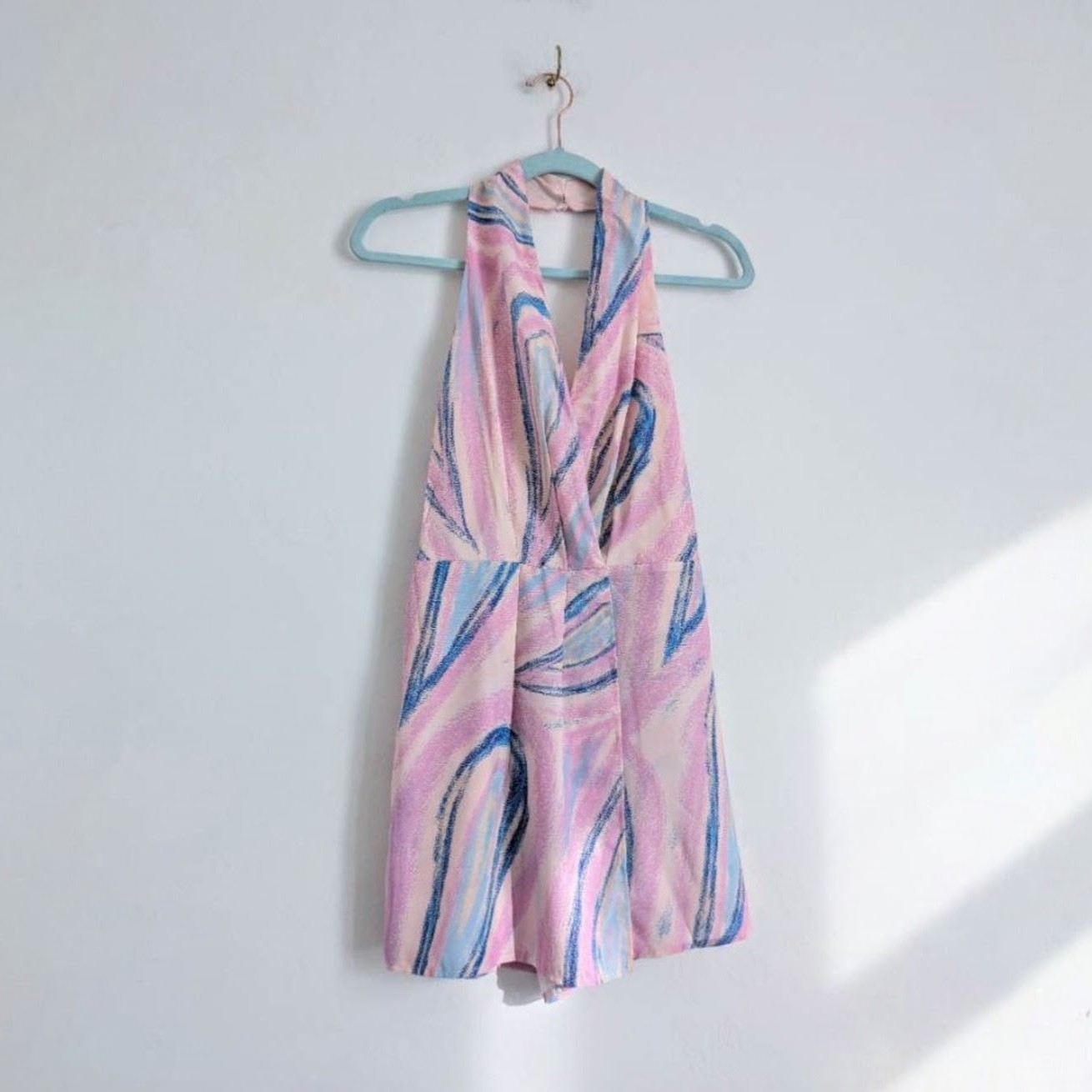 Halterneck pastel multicolour summer playsuit with faux wrap front and fabric covered buttons S NWT