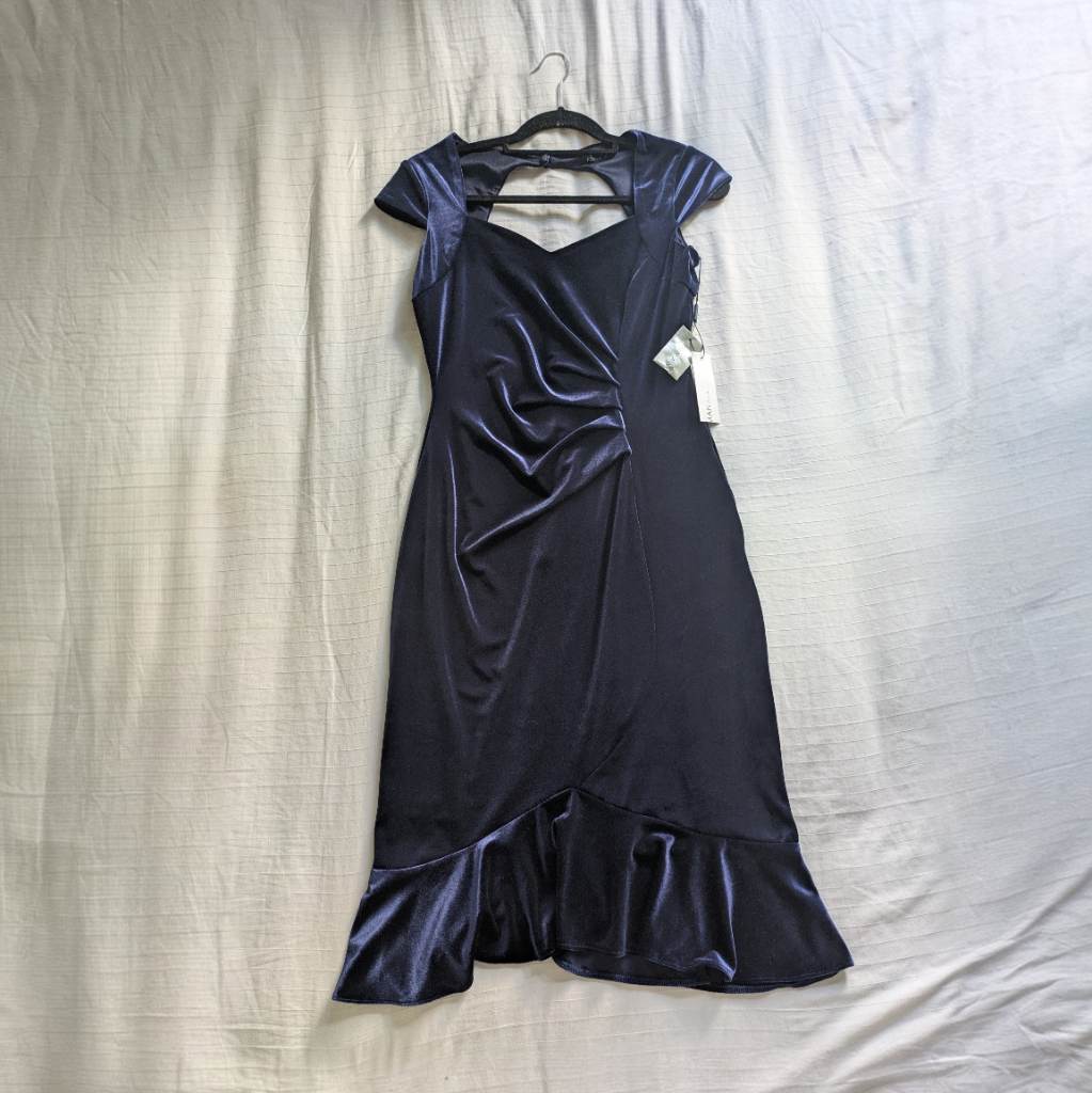 Navy Velvet Roman gathered races dress with sweetheart neckline, UK10 NWT