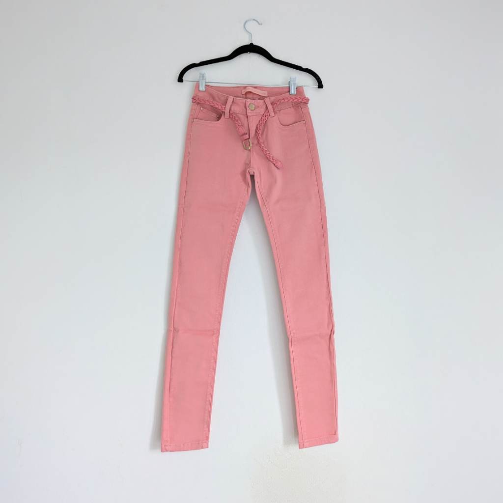 Belted pink skinny jeans with gold hardware in cotton blend UK8