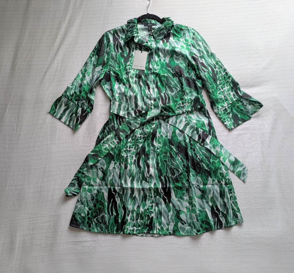 Belted collared shirt dress, full button down with concealed buttons and 3/4 sleeves UK12