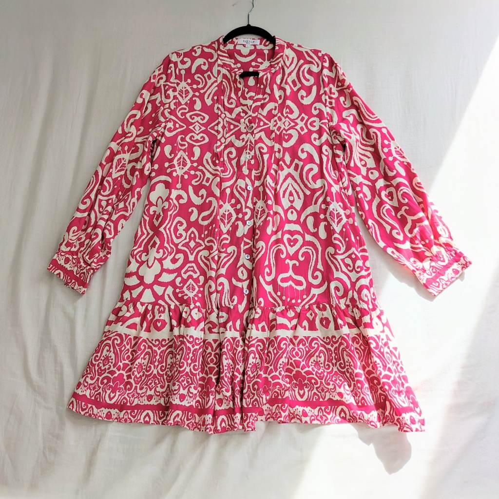 Boho batik print full button down VNeck summer dress with long sleeves and two side pockets UKL NWY