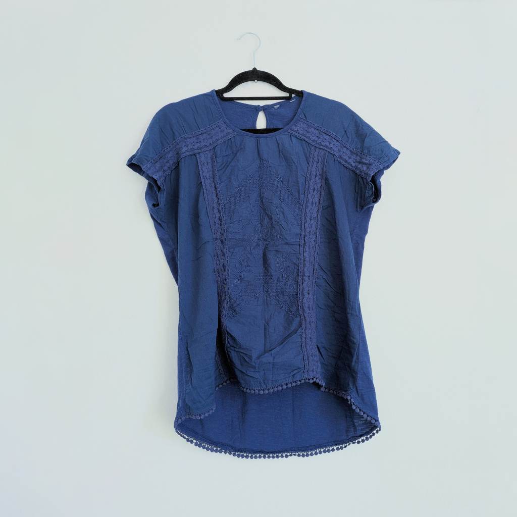 Pure cotton embroidered navy blue blouse with pom pom embroidery trim lace panels