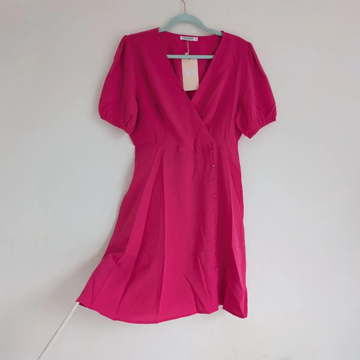 Fuschia VNeck high waist summer skater dress with short balloon sleeves UKL New