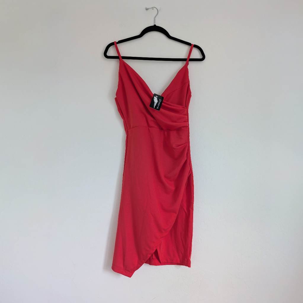 Red Orange Summer high waist spaghetti strap dress with gathered wrap bust UKS NWT