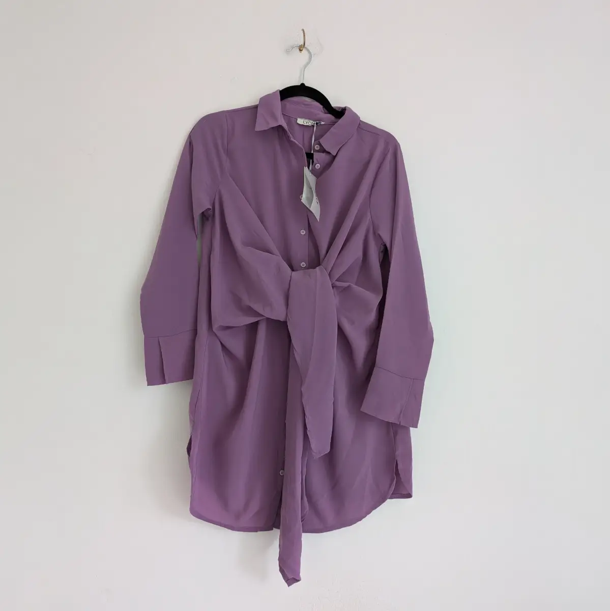 Purple tie front button down collared shirt dress with flattering curved hemline UKL New
