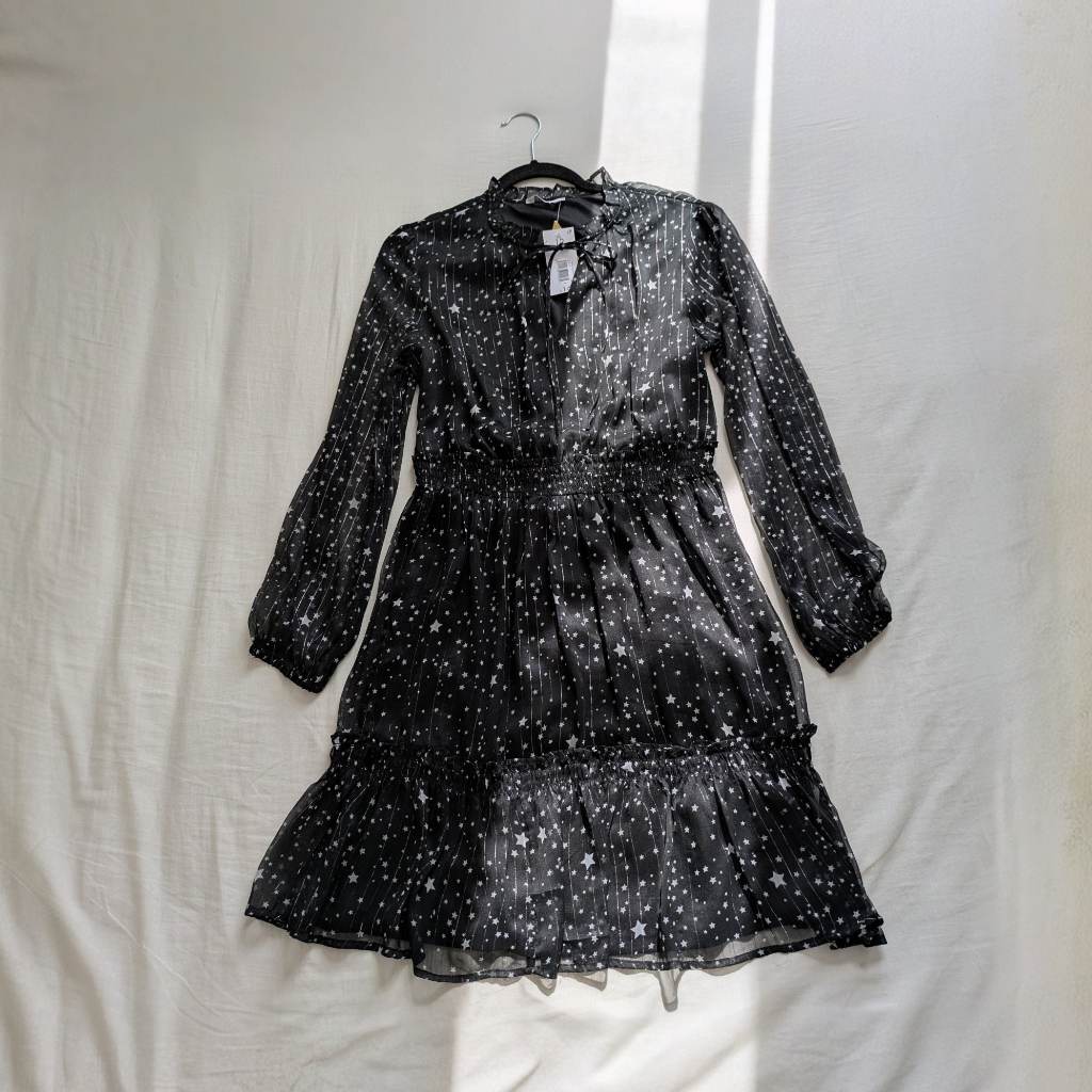 Starry celestial balloon sleeve occasion dress with high ruffle tie up neck UK12 NWT