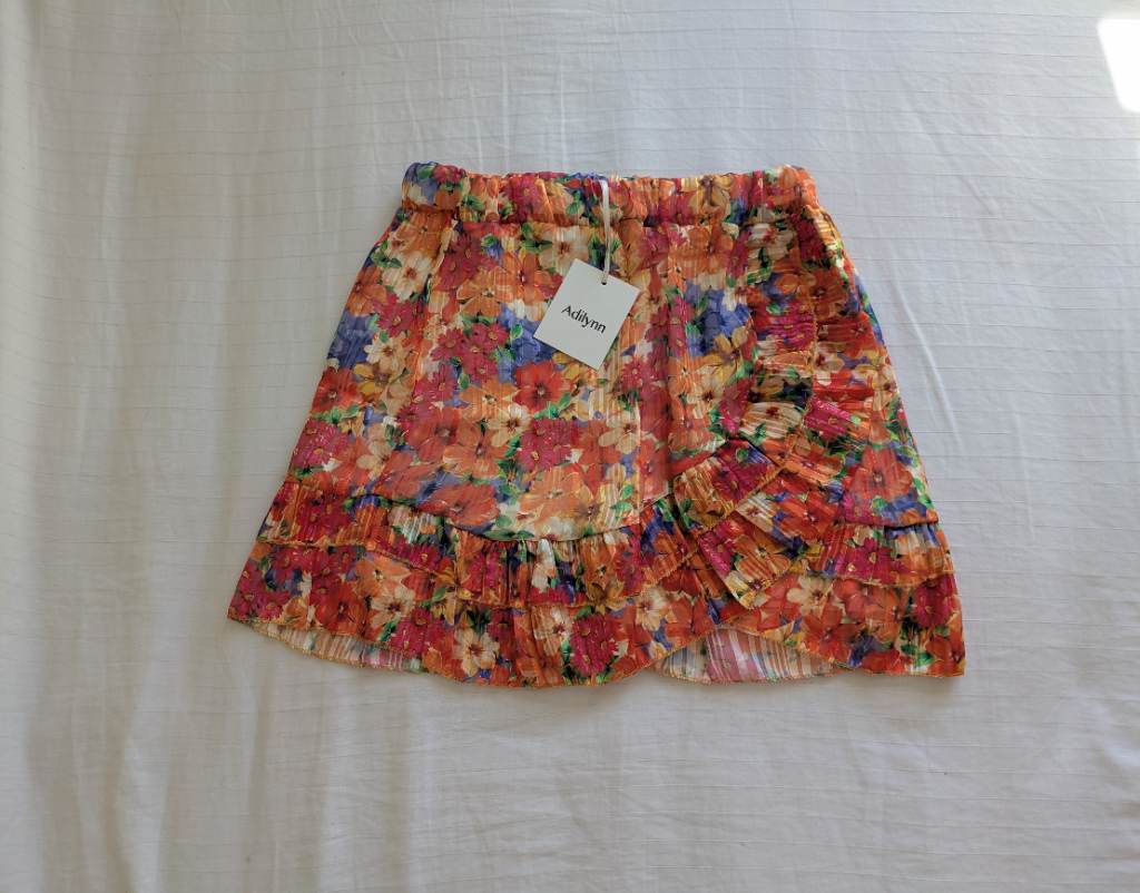 Colourful ruffle floral summer miniskirt with gold thread and elasticated waist NWT