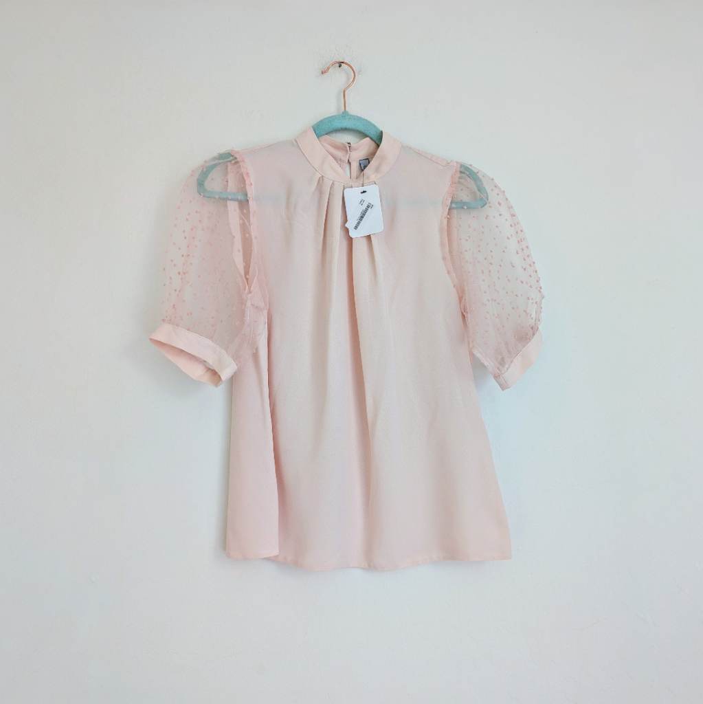 Baby pink puff sleeve mesh dot embroidered summer blouse UKS