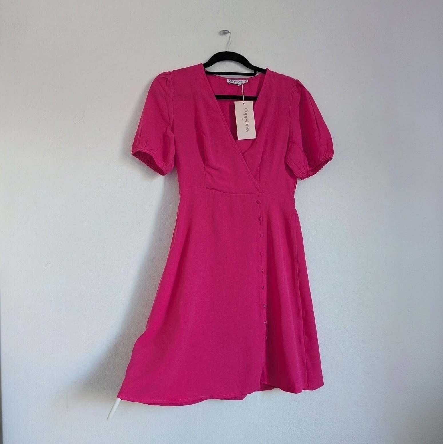 Pink VNeck high waist summer skater dress with short balloon sleeves and fabric covered buttons UKS