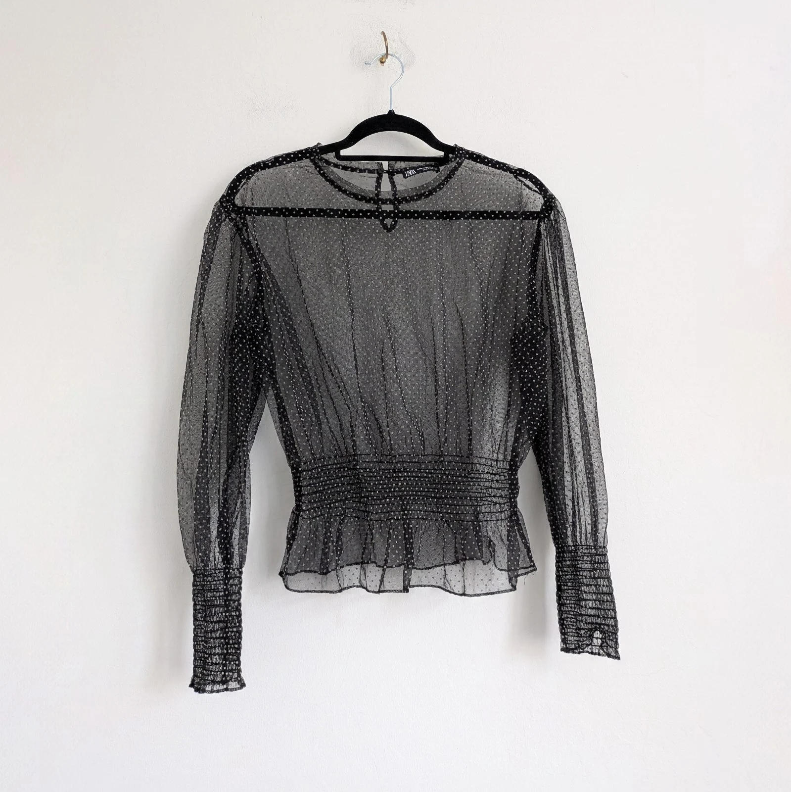 Zara polka dot mesh see through blouse with smocking UKM