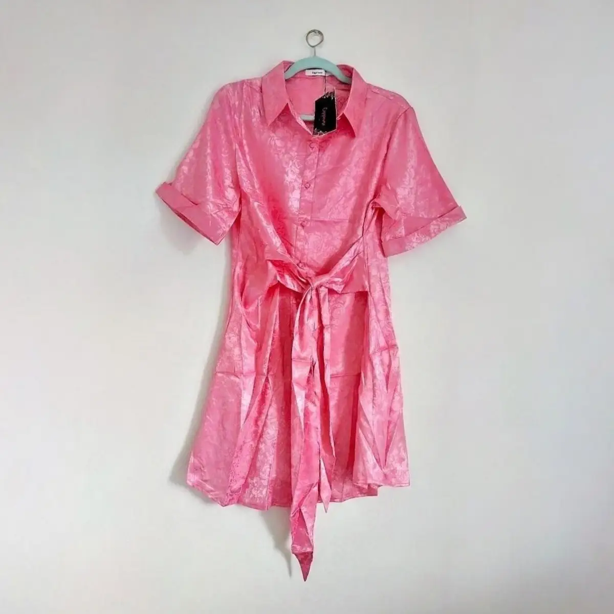 Smart casual tie front shimmery pink jacquard shirt dress with flattering curved hemline UKL New