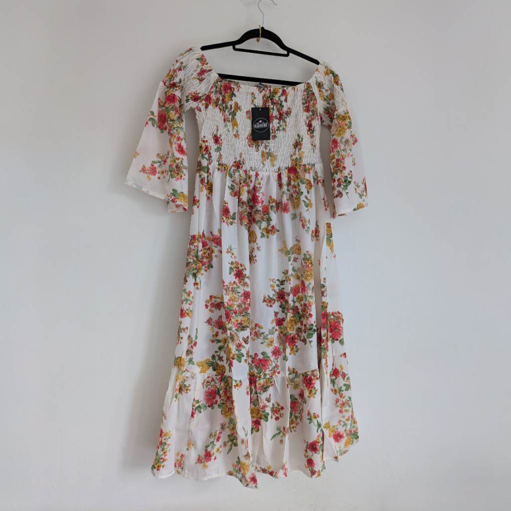 Medieval peasant style bell sleeve off shoulder smock midi dress UKS/M