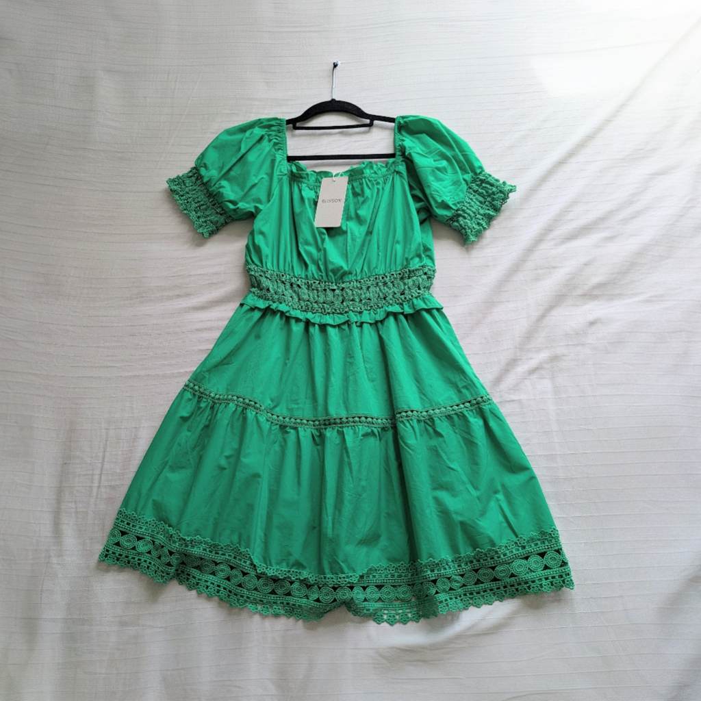 Milkmaid style crochet trim coquette puff sleeve, square neck dress