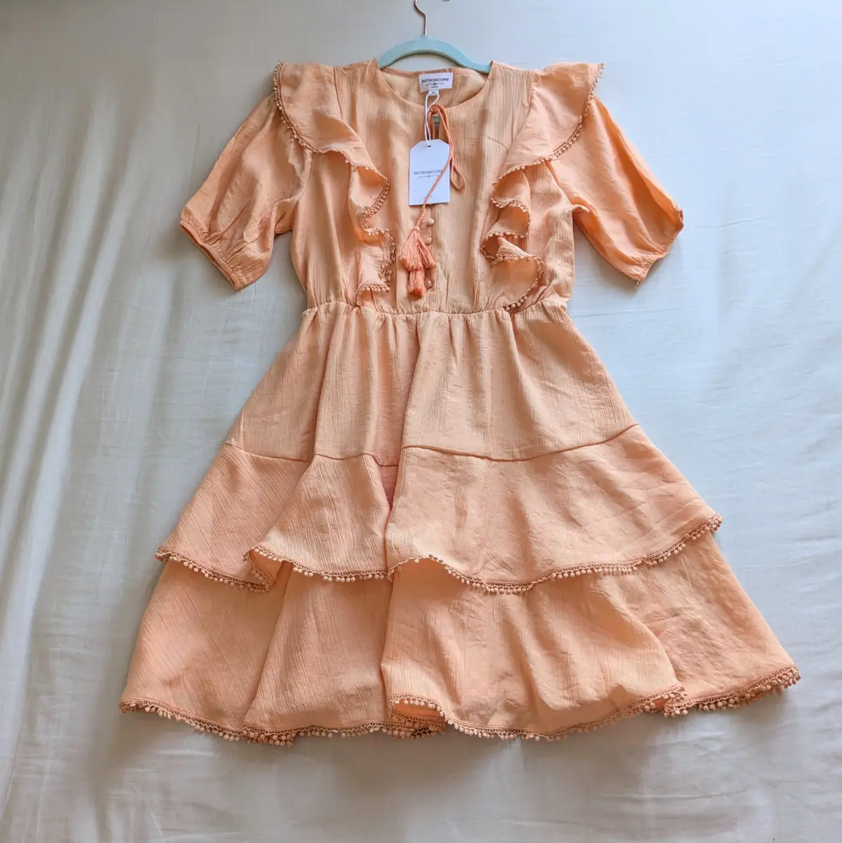 Coquette flouncy double tiered textured skater dress with embroidered pom pom trim and frills M New