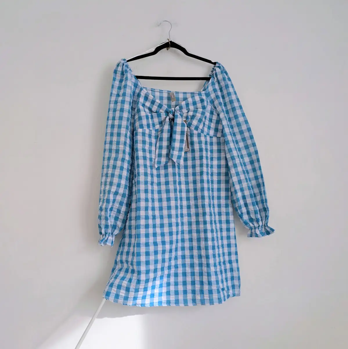 Only blue gingham cotton blend long sleeve £32 summer dress with tie up bust UKS New