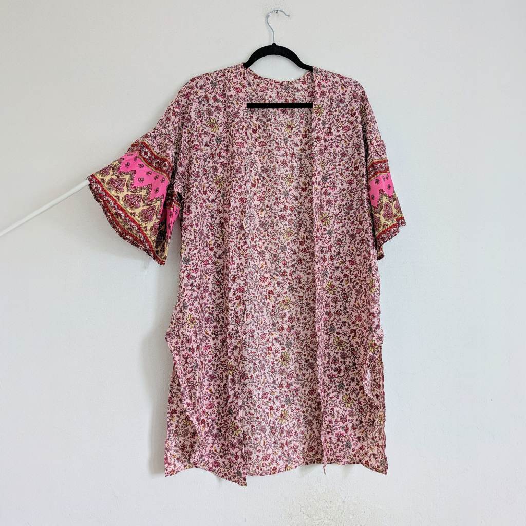 Pink boho style paisley floral summer beach or festival coverup with flutter sleeves and slits