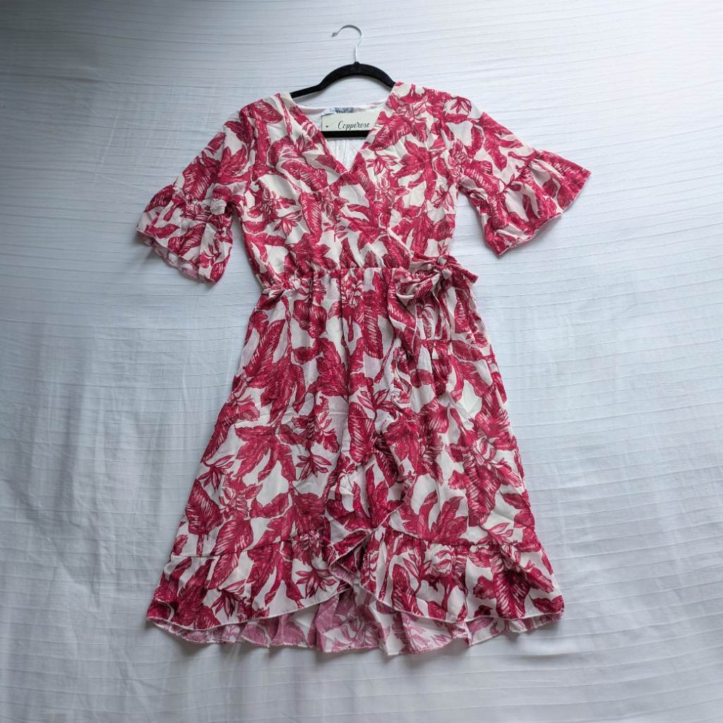 Frilly faux wrap coquette summer dress with flutter sleeves, ruffle hem and side tie UKS NWT