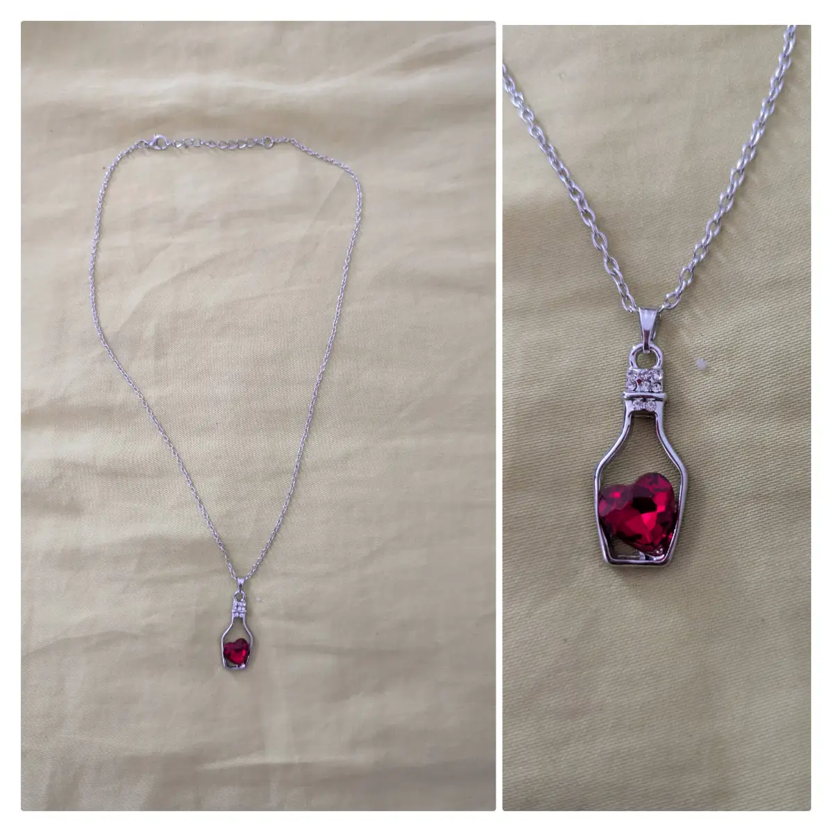 Red heart in a bottle silver chain and pendant adjustable with lobster clasp New