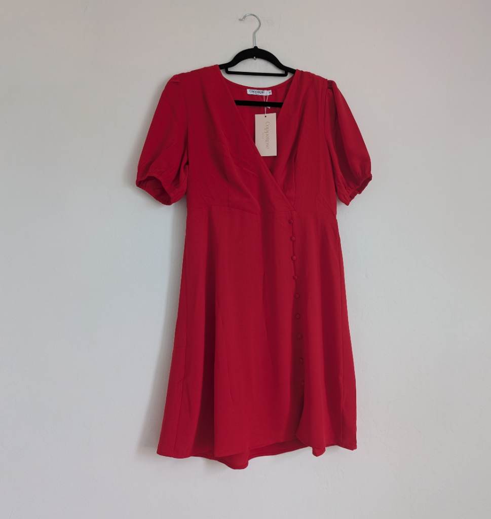 Red V Neck Summer dress with short balloon sleeves, smocked back and fabric covered buttons UKL