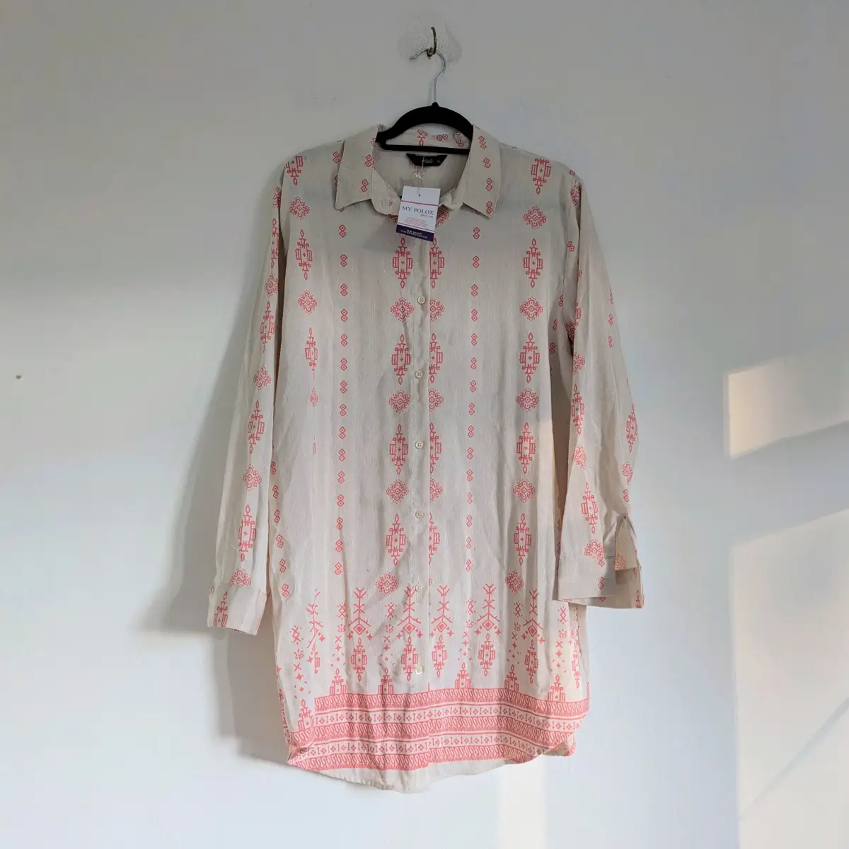 Linen look batik print collared long sleeve summer shirt dress with curved dip hem UKXL NWT