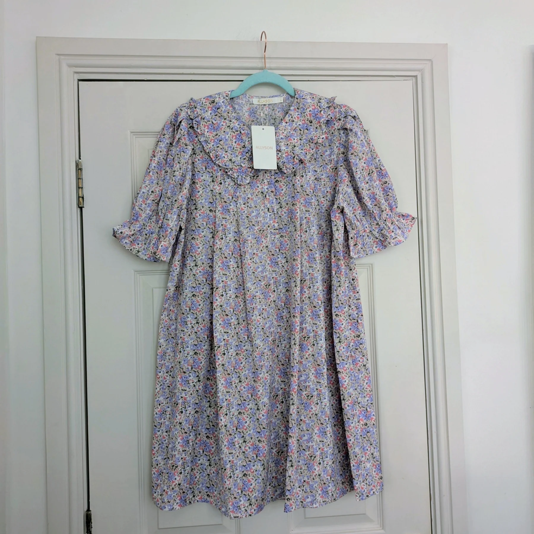 Vintage style Victorian Peter Pan collar ruffle puff sleeve lilac ditsy floral balloon dress UKL NWT
