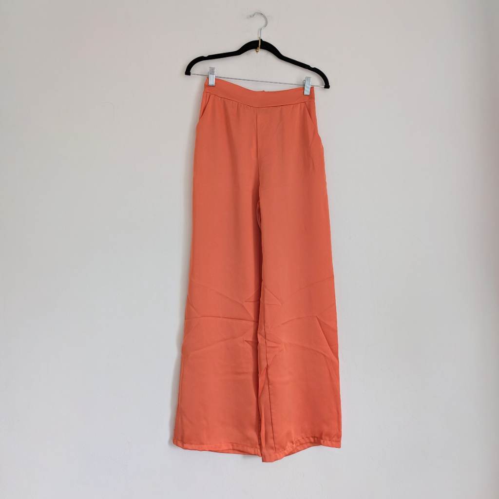 Silky tangerine orange wide leg flared trousers with two side pockets UKS NWT