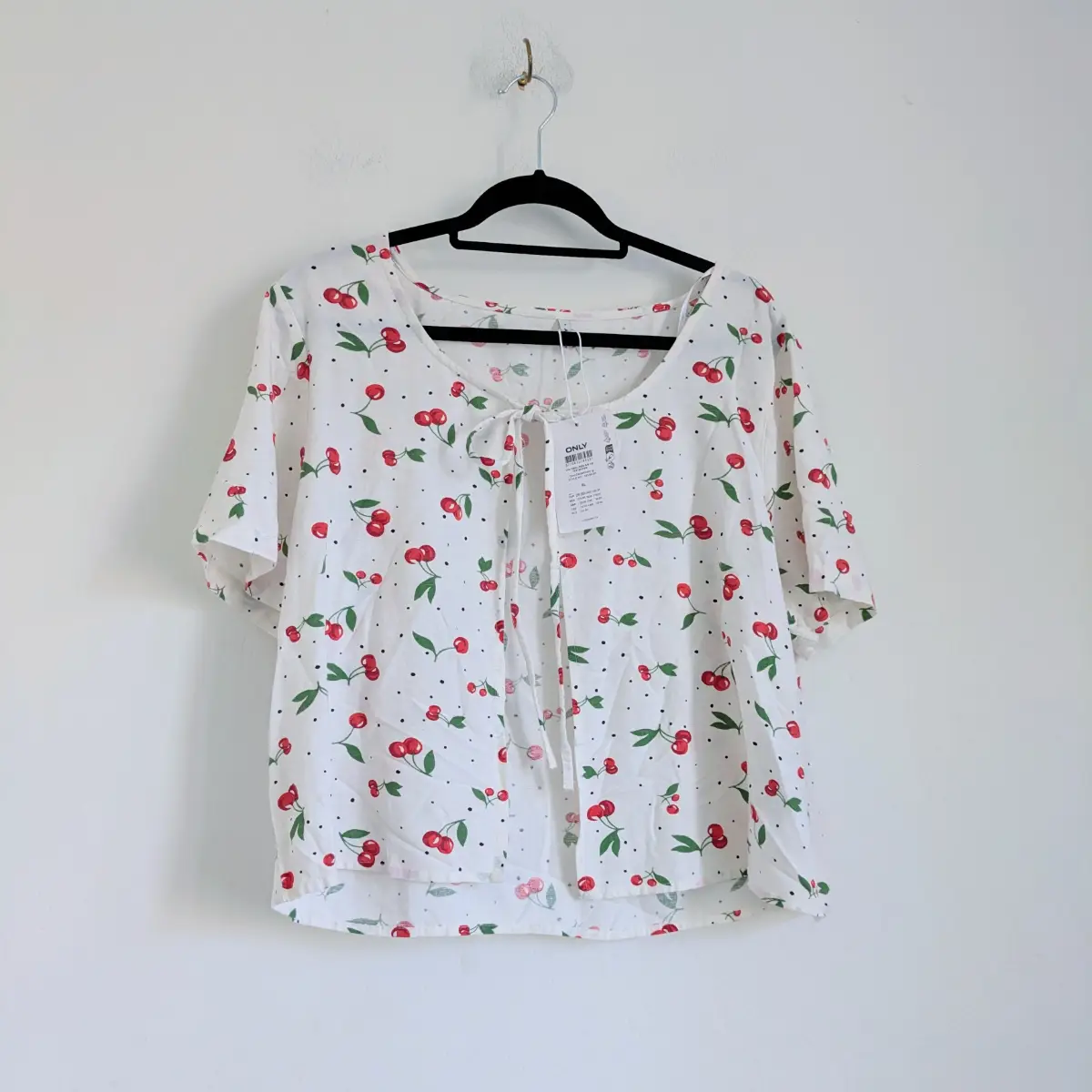 Cherry Print Only Linen Cotton blend summer open front top with front tie UKXL New