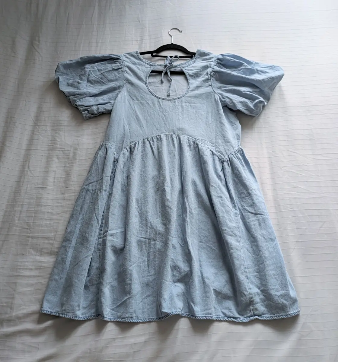 Light denim princess cut pure cotton mini dress with puff sleeves and voluminous skirt UK16 New