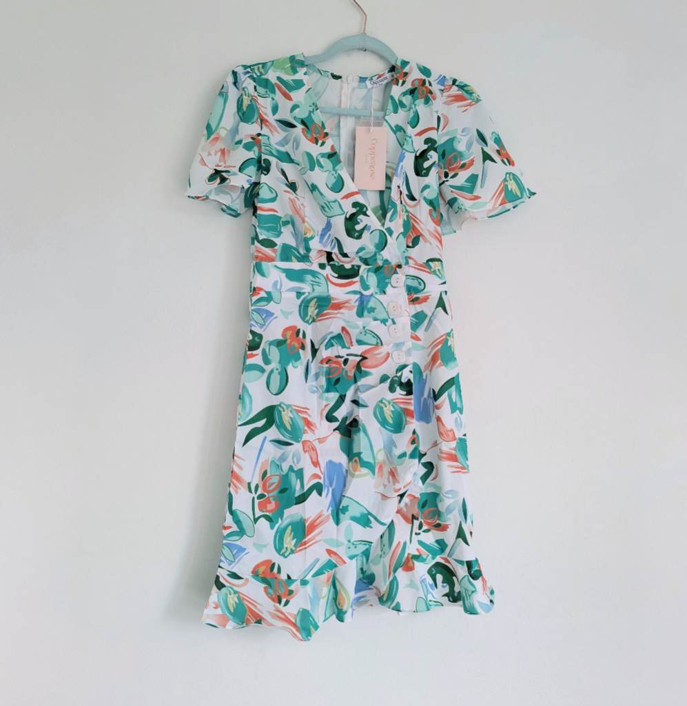 Faux wrap summer dress with flutter sleeves, V Neckline and square marble pattern buttons UKS New