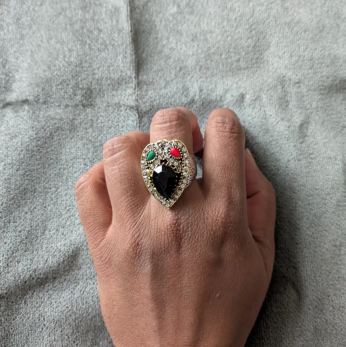 Victorian gothic style extra large shield shaped ring with multicoloured stones Q