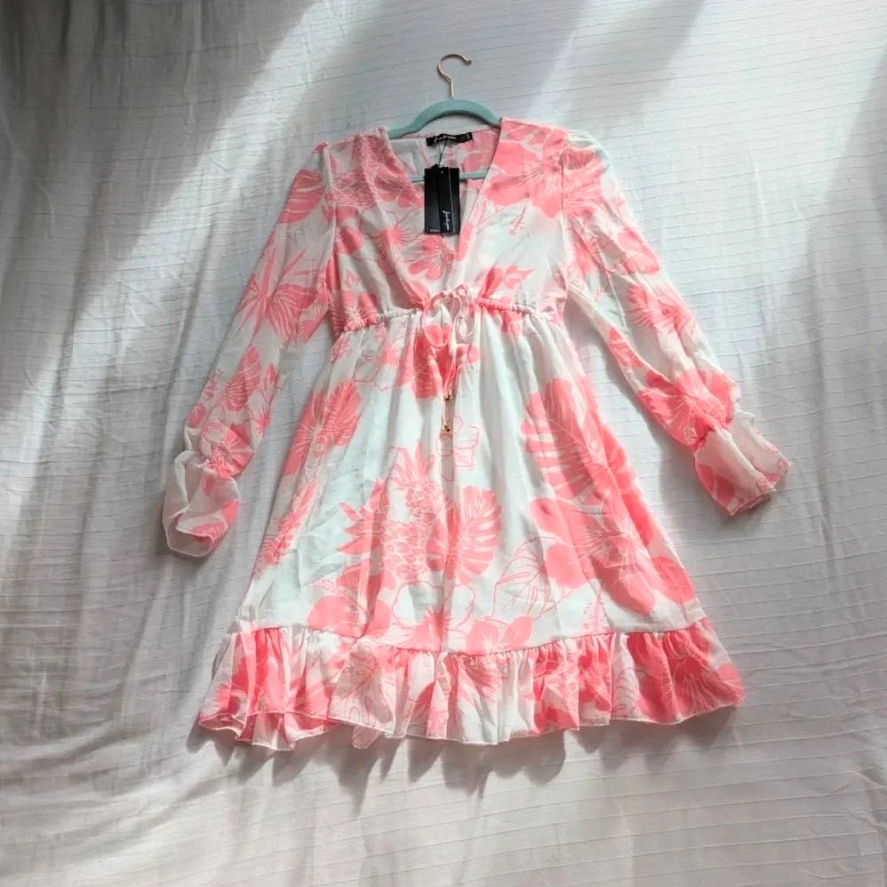 Boho batik print fluttery coquette long sleeve summer holiday dress in pink and white S/M New